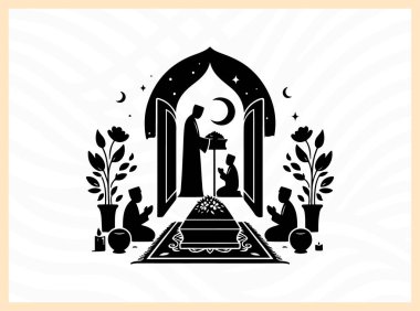Janazah cenaze sahnesinin resmi silueti İslami gömme geleneklerini, topluluk birliğini ve dini sanat eserleri, kültürel temalar ve saygıdeğer anıt tasarım projeleri için ruhani veda ideallerini sembolize ediyor.