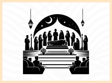 Janazah cenaze sahnesinin resmi silueti İslami gömme geleneklerini, topluluk birliğini ve dini sanat eserleri, kültürel temalar ve saygıdeğer anıt tasarım projeleri için ruhani veda ideallerini sembolize ediyor.