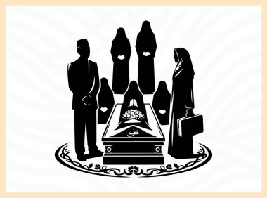 Janazah cenaze sahnesinin resmi silueti İslami gömme geleneklerini, topluluk birliğini ve dini sanat eserleri, kültürel temalar ve saygıdeğer anıt tasarım projeleri için ruhani veda ideallerini sembolize ediyor.