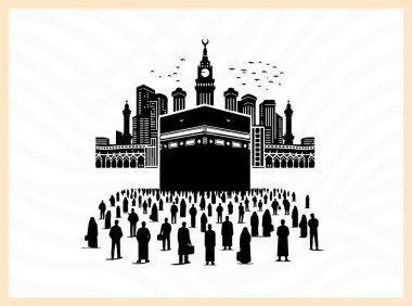 Kabe 'nin güçlü silueti insanlarla çevrili, İslami birlik, bağlılık ve kutsal hacca gitme idealini simgeliyor hac temalı sanat eserleri, ruhani tasarım kavramları ve dini kültürel görseller için.