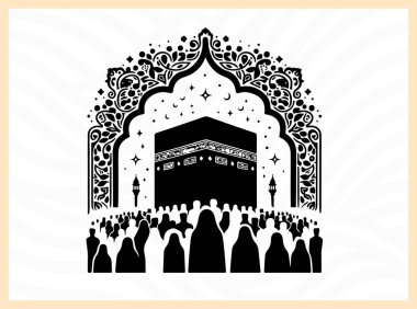 Kabe 'nin güçlü silueti insanlarla çevrili, İslami birlik, bağlılık ve kutsal hacca gitme idealini simgeliyor hac temalı sanat eserleri, ruhani tasarım kavramları ve dini kültürel görseller için.