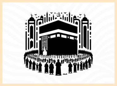 Kabe 'nin güçlü silueti insanlarla çevrili, İslami birlik, bağlılık ve kutsal hacca gitme idealini simgeliyor hac temalı sanat eserleri, ruhani tasarım kavramları ve dini kültürel görseller için.