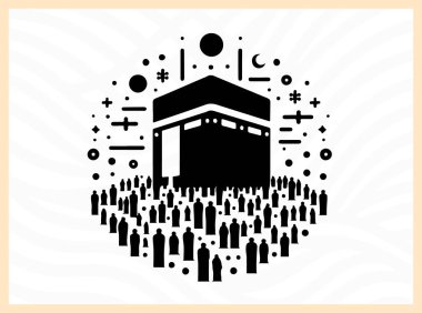Kabe 'nin güçlü silueti insanlarla çevrili, İslami birlik, bağlılık ve kutsal hacca gitme idealini simgeliyor hac temalı sanat eserleri, ruhani tasarım kavramları ve dini kültürel görseller için.