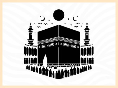 Kabe 'nin güçlü silueti insanlarla çevrili, İslami birlik, bağlılık ve kutsal hacca gitme idealini simgeliyor hac temalı sanat eserleri, ruhani tasarım kavramları ve dini kültürel görseller için.