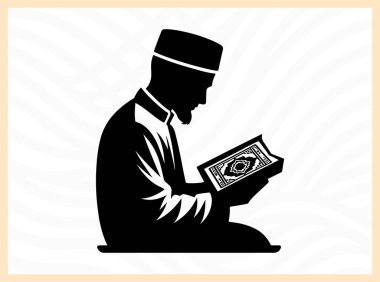 Kuran okuyan bir adamın dinsel silueti, İslam sanatları, dini meditasyon, manevi gelişim ve kişisel yansıma ve İslami öğretilere odaklı tasarım projeleri için idealindeki derin inanç, maneviyat ve bağlılığı sembolize eder.