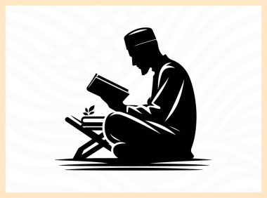 Kuran okuyan bir adamın dinsel silueti, İslam sanatları, dini meditasyon, manevi gelişim ve kişisel yansıma ve İslami öğretilere odaklı tasarım projeleri için idealindeki derin inanç, maneviyat ve bağlılığı sembolize eder.