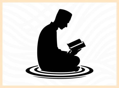 Kuran okuyan bir adamın dinsel silueti, İslam sanatları, dini meditasyon, manevi gelişim ve kişisel yansıma ve İslami öğretilere odaklı tasarım projeleri için idealindeki derin inanç, maneviyat ve bağlılığı sembolize eder.