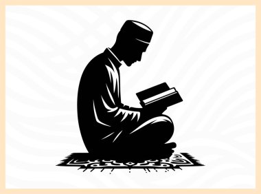Kuran okuyan bir adamın dinsel silueti, İslam sanatları, dini meditasyon, manevi gelişim ve kişisel yansıma ve İslami öğretilere odaklı tasarım projeleri için idealindeki derin inanç, maneviyat ve bağlılığı sembolize eder.