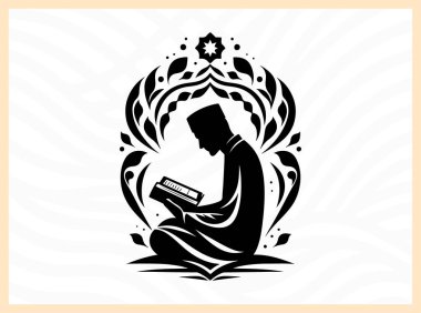 Kuran okuyan bir adamın dinsel silueti, İslam sanatları, dini meditasyon, manevi gelişim ve kişisel yansıma ve İslami öğretilere odaklı tasarım projeleri için idealindeki derin inanç, maneviyat ve bağlılığı sembolize eder.