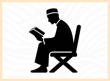 Kuran okuyan bir adamın dinsel silueti, İslam sanatları, dini meditasyon, manevi gelişim ve kişisel yansıma ve İslami öğretilere odaklı tasarım projeleri için idealindeki derin inanç, maneviyat ve bağlılığı sembolize eder.