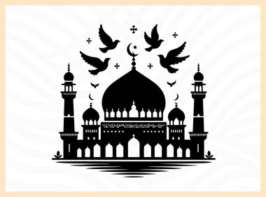 Kuşların uçuşup durduğu bir cami kubbesinin güzel silueti, barışı, ruhaniliği ve İslam mimarisinin güzelliğini sembolize ediyor. Dini, kültürel ve huzurlu tasarım temaları inanç ve dinginliğe odaklanıyor.