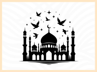 Kuşların uçuşup durduğu bir cami kubbesinin güzel silueti, barışı, ruhaniliği ve İslam mimarisinin güzelliğini sembolize ediyor. Dini, kültürel ve huzurlu tasarım temaları inanç ve dinginliğe odaklanıyor.