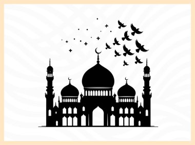 Kuşların uçuşup durduğu bir cami kubbesinin güzel silueti, barışı, ruhaniliği ve İslam mimarisinin güzelliğini sembolize ediyor. Dini, kültürel ve huzurlu tasarım temaları inanç ve dinginliğe odaklanıyor.