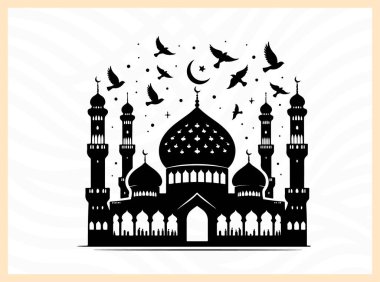 Kuşların uçuşup durduğu bir cami kubbesinin güzel silueti, barışı, ruhaniliği ve İslam mimarisinin güzelliğini sembolize ediyor. Dini, kültürel ve huzurlu tasarım temaları inanç ve dinginliğe odaklanıyor.
