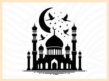 Kuşların uçuşup durduğu bir cami kubbesinin güzel silueti, barışı, ruhaniliği ve İslam mimarisinin güzelliğini sembolize ediyor. Dini, kültürel ve huzurlu tasarım temaları inanç ve dinginliğe odaklanıyor.
