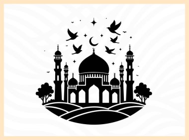 Kuşların uçuşup durduğu bir cami kubbesinin güzel silueti, barışı, ruhaniliği ve İslam mimarisinin güzelliğini sembolize ediyor. Dini, kültürel ve huzurlu tasarım temaları inanç ve dinginliğe odaklanıyor.