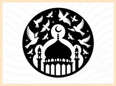 Kuşların uçuşup durduğu bir cami kubbesinin güzel silueti, barışı, ruhaniliği ve İslam mimarisinin güzelliğini sembolize ediyor. Dini, kültürel ve huzurlu tasarım temaları inanç ve dinginliğe odaklanıyor.
