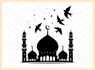 Kuşların uçuşup durduğu bir cami kubbesinin güzel silueti, barışı, ruhaniliği ve İslam mimarisinin güzelliğini sembolize ediyor. Dini, kültürel ve huzurlu tasarım temaları inanç ve dinginliğe odaklanıyor.