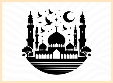 Kuşların uçuşup durduğu bir cami kubbesinin güzel silueti, barışı, ruhaniliği ve İslam mimarisinin güzelliğini sembolize ediyor. Dini, kültürel ve huzurlu tasarım temaları inanç ve dinginliğe odaklanıyor.