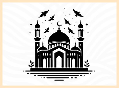 Kuşların uçuşup durduğu bir cami kubbesinin güzel silueti, barışı, ruhaniliği ve İslam mimarisinin güzelliğini sembolize ediyor. Dini, kültürel ve huzurlu tasarım temaları inanç ve dinginliğe odaklanıyor.