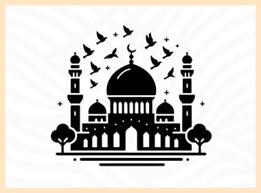 Kuşların uçuşup durduğu bir cami kubbesinin güzel silueti, barışı, ruhaniliği ve İslam mimarisinin güzelliğini sembolize ediyor. Dini, kültürel ve huzurlu tasarım temaları inanç ve dinginliğe odaklanıyor.