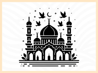 Kuşların uçuşup durduğu bir cami kubbesinin güzel silueti, barışı, ruhaniliği ve İslam mimarisinin güzelliğini sembolize ediyor. Dini, kültürel ve huzurlu tasarım temaları inanç ve dinginliğe odaklanıyor.