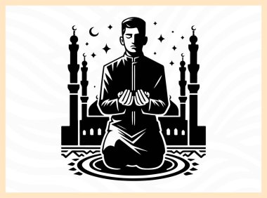 Müslüman bir adamın dua etmesi, duayı, inancı ve dini sanatlar, İslam bağlılığı, ibadet ve ruhani tasarım projeleri için Tanrı ile derin ruhsal bağlantıyı sembolize etmesi anlamlıdır.