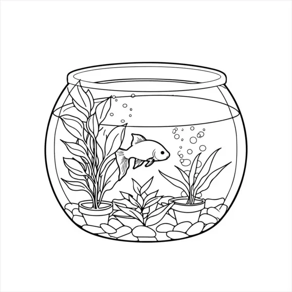 stock vector An aquarium coloring page depicts a vibrant underwater world filled with various sea creatures and plants. This scene includes colorful fish, graceful seaweed, playful bubbles, and perhaps even a treasure chest or sunken ship