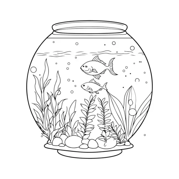 stock vector An aquarium coloring page depicts a vibrant underwater world filled with various sea creatures and plants. This scene includes colorful fish, graceful seaweed, playful bubbles, and perhaps even a treasure chest or sunken ship