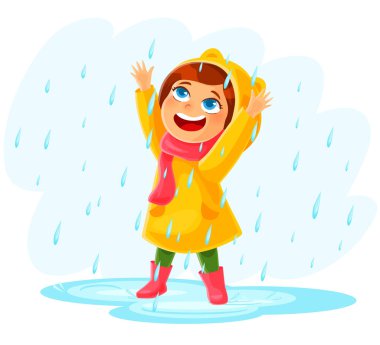 Yağmurluklu ve lastik çizmeli bir kız yağmurda oynuyor. Çocuklar su birikintilerinde zıplıyor ve su sıçratıyor. vektör karikatür çizimi
