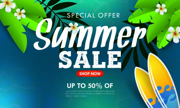 Summer Tropical Background Strelitzia Flowers Tropical Leaves Inscription Summer Sale — Stock Vector