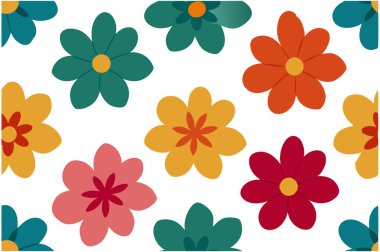 A seamless floral vector design featuring flowers in four distinct colors. Perfect for digital prints, textile designs, and backgrounds. Add a touch of elegance to your creative projects. clipart