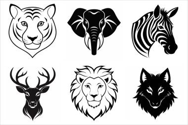 This set of wild animal head logos features lion, elephant, tiger, deer, wolf, and zebra designs, perfect for branding, wildlife-themed projects, or decorative artwork with a bold style. clipart