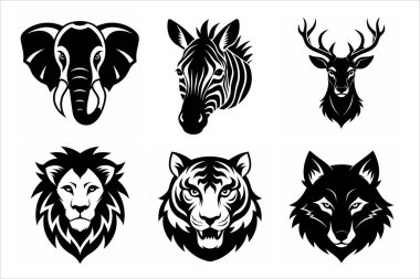 This set of wild animal head logos features lion, elephant, tiger, deer, wolf, and zebra designs, perfect for branding, wildlife-themed projects, or decorative artwork with a bold style. clipart