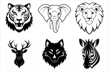 This set of wild animal head logos features lion, elephant, tiger, deer, wolf, and zebra designs, perfect for branding, wildlife-themed projects, or decorative artwork with a bold style. clipart