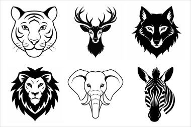 This set of wild animal head logos features lion, elephant, tiger, deer, wolf, and zebra designs, perfect for branding, wildlife-themed projects, or decorative artwork with a bold style. clipart