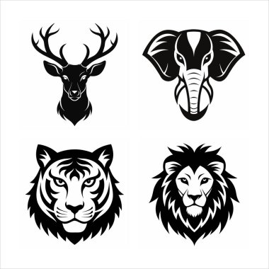 This set of wild animal head logos features lion, elephant, tiger, deer, wolf, and zebra designs, perfect for branding, wildlife-themed projects, or decorative artwork with a bold style. clipart