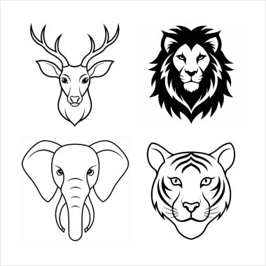 This set of wild animal head logos features lion, elephant, tiger, deer, wolf, and zebra designs, perfect for branding, wildlife-themed projects, or decorative artwork with a bold style. clipart