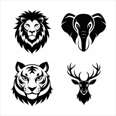 This set of wild animal head logos features lion, elephant, tiger, deer, wolf, and zebra designs, perfect for branding, wildlife-themed projects, or decorative artwork with a bold style. clipart