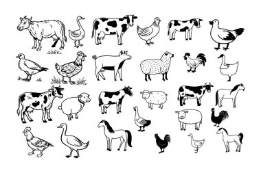 A classic vintage silhouette farm animal vector set featuring cows, horses, pigs, and more. Perfect for rustic designs, farmhouse decor, logos, and agriculture-themed projects. clipart