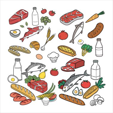 A versatile vector set of food product silhouettes, including meat, fish, milk, vegetables, fruits, and more. Perfect for minimalist designs, packaging, or digital projects. clipart