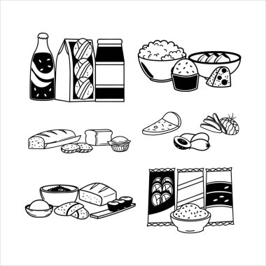 A versatile vector set of food product silhouettes, including meat, fish, milk, vegetables, fruits, and more. Perfect for minimalist designs, packaging, or digital projects. clipart