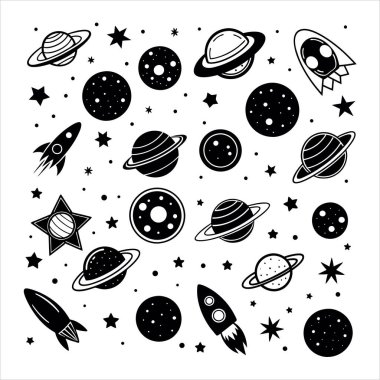 Explore the cosmos with this outer space line art and sticker collection. Featuring planets, rockets, astronauts, and celestial elements, perfect for creative projects, scrap booking, and designs! clipart