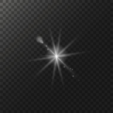 Parlak ışık etkisi. Parlak element. Parlak efektli büyük bir yıldız, parlak kıvılcımlar siyah bir arkaplanda parlıyor. vektör şeffaf güneş ışığı, lens flaş efekti veya güneş ışınları veya spot ışığı flaşı