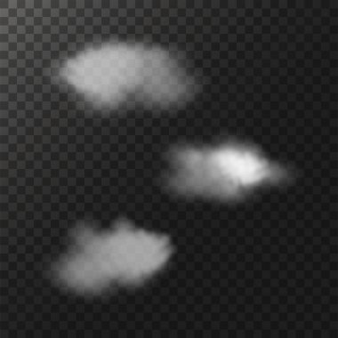 Beyaz duman halkaları, yuvarlak tüttürme sigara veya nargile bulutları. Gerçekçi vektör 3d daireler, buharlaşan buhar izole çerçeveler. Şeffaf arkaplanda dumanlı kimyasal veya puro buharı kenarları akışı