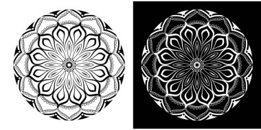 Çiçekli mandala desenli siyah beyaz Paskalya yumurtası vektörü ve süslemeli geometrik tasarım, Mandala Tasarım Soyut Vektör Bir Renkli