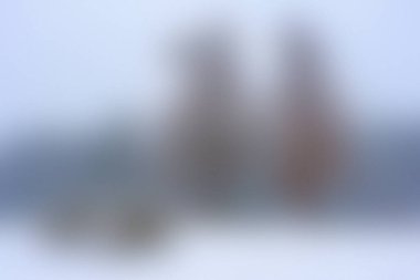 Belirsiz, yüksek iki yapı solgun, puslu bir gökyüzüne karşı duruyor, muhtemelen uzak bir arazide..