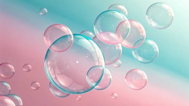 Değişen boyutlarda yarı saydam, yanardöner kabarcıklar pembe ve deniz mavisinin yumuşak, eğimli arka planına karşı yüzer..