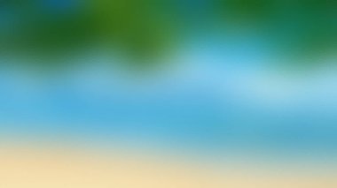 Üzerinde kumlu sahil, mavi su ve yeşil palmiye yaprakları bulunan yumuşak odaklı bir plaj görüntüsü..