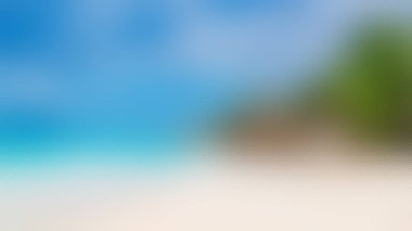 Beyaz kum, turkuaz su ve berrak mavi gökyüzü altında yemyeşil palmiye ağaçlarıyla sakin bir tropikal plajın yumuşak odak noktası..